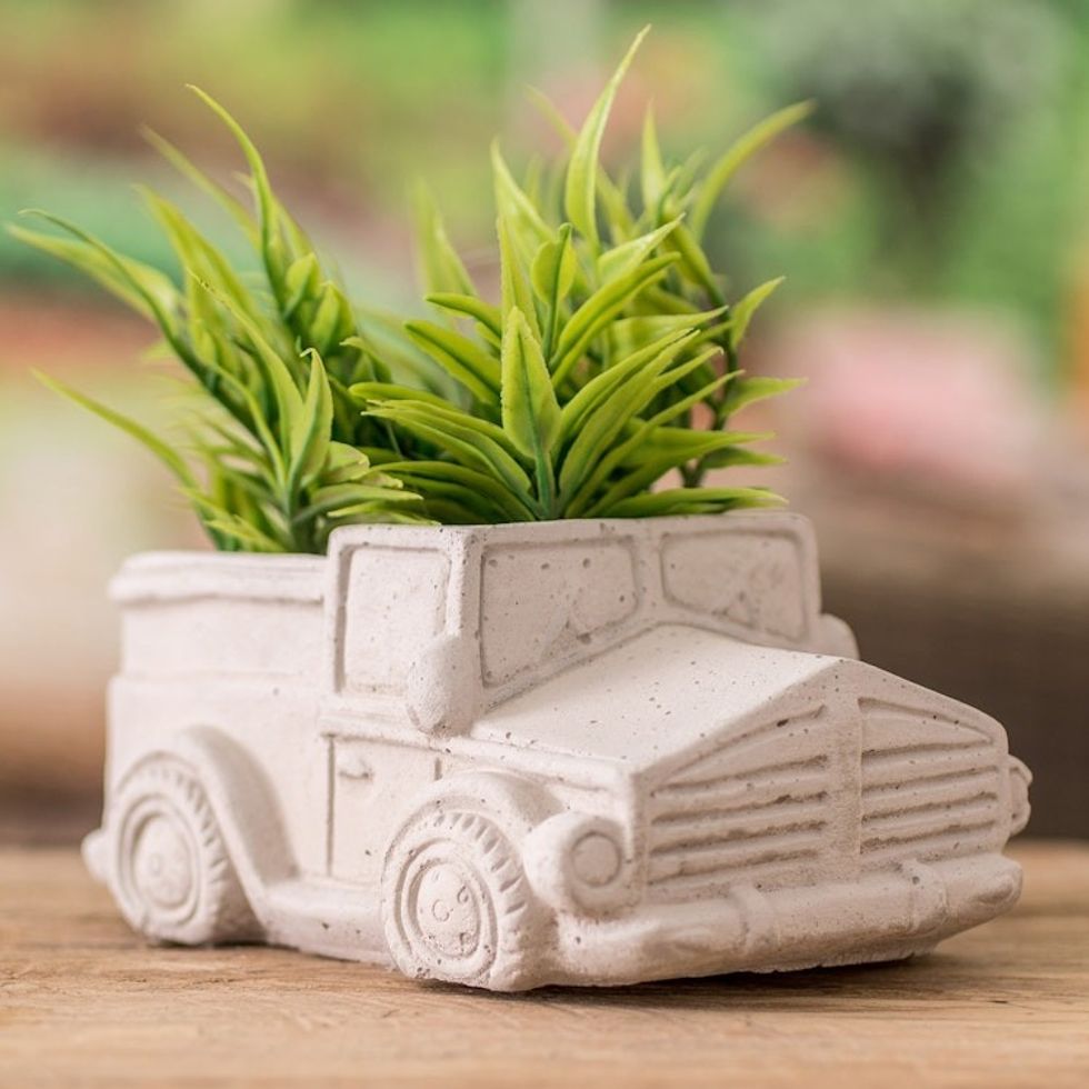 Handcrafted Whimsical Classic Truck Cement Flower Pot 'Evergreen Truck'