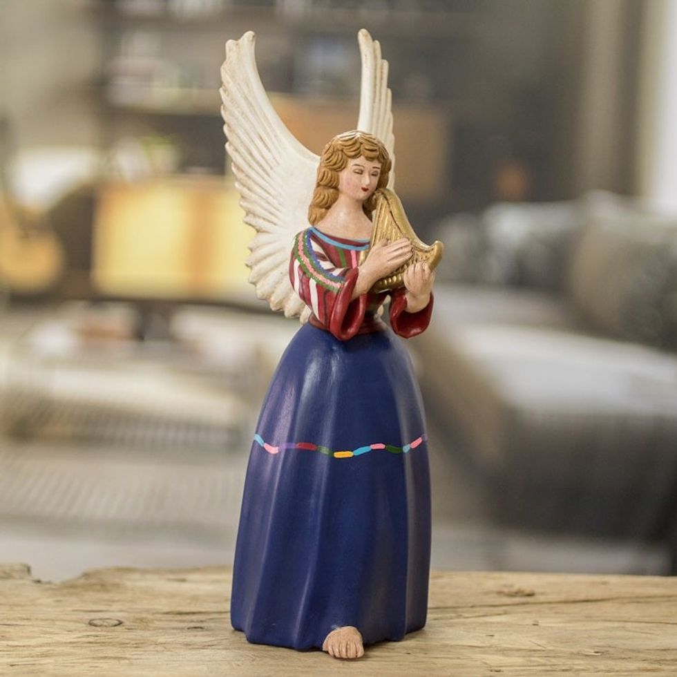 Guatemalan Hand-Painted Ceramic Sculpture of Angel 'Santo Domingo Xenacoj'