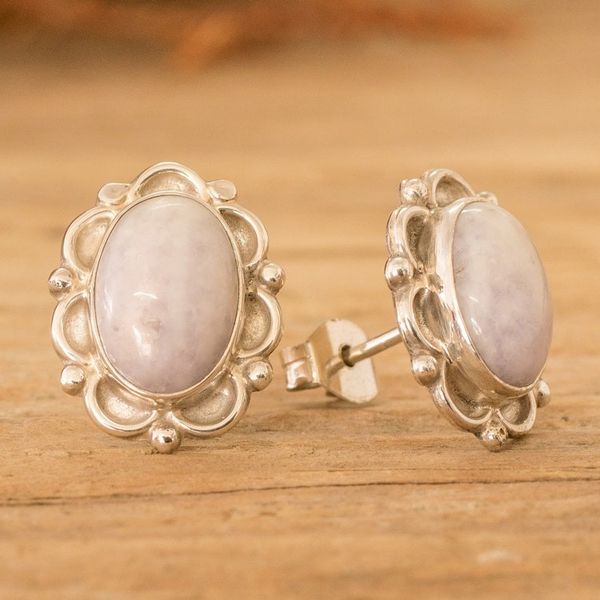Alternate image for Sterling Silver Button Earrings with Lilac Jade Stones Maya Queen in Lilac