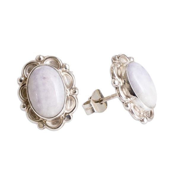 Alternate image for Sterling Silver Button Earrings with Lilac Jade Stones Maya Queen in Lilac