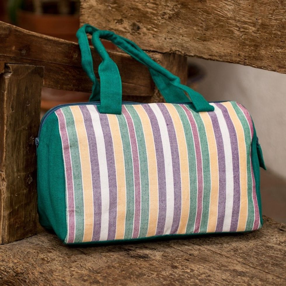 Handloomed Striped Viridian Cotton Handbag with Zipper 'Viridian Joy'