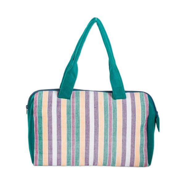 Alternate image for Handloomed Striped Viridian Cotton Handbag with Zipper Viridian Joy