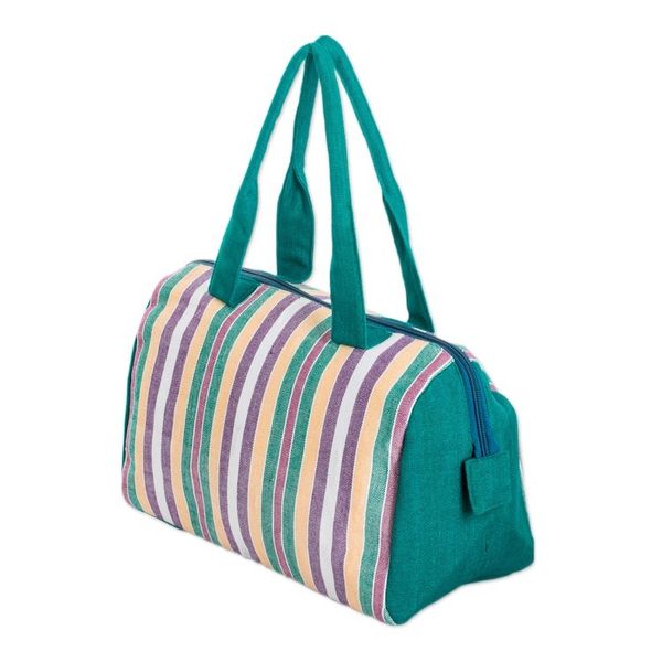 Alternate image for Handloomed Striped Viridian Cotton Handbag with Zipper Viridian Joy
