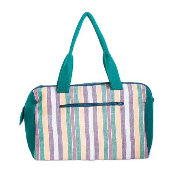 Alternate image for Handloomed Striped Viridian Cotton Handbag with Zipper Viridian Joy