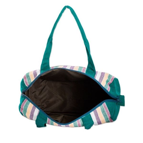 Alternate image for Handloomed Striped Viridian Cotton Handbag with Zipper Viridian Joy