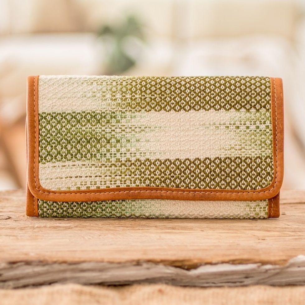 Green and White Hand-Woven Cotton Wallet with Leather Trim 'Colors of Tradition in Green'
