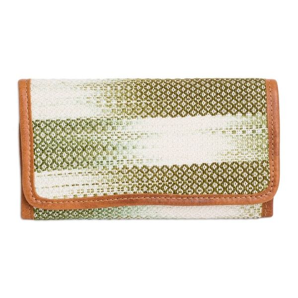 Alternate image for Green and White Hand-Woven Cotton Wallet with Leather Trim Colors of Tradition in Green