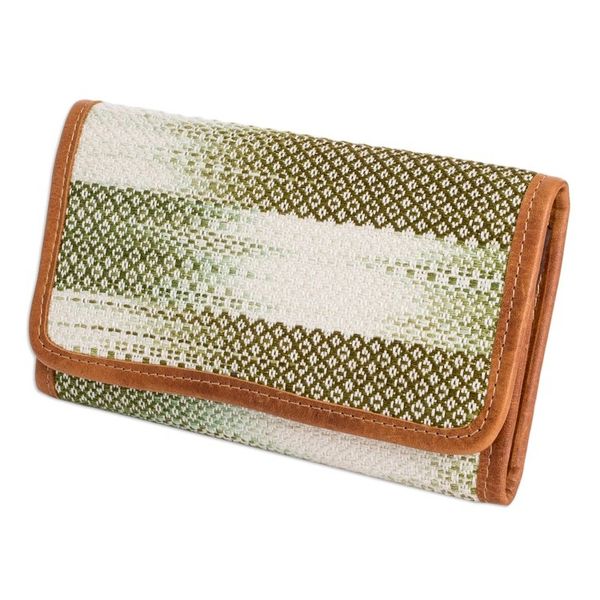 Alternate image for Green and White Hand-Woven Cotton Wallet with Leather Trim Colors of Tradition in Green