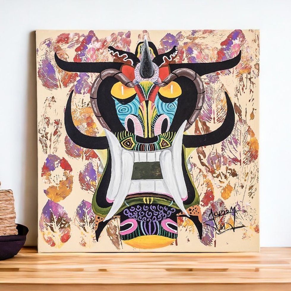 Stretched Expressionist Cultural Boruca Mask Painting 'Boruca Mask'