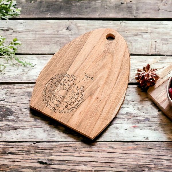 Alternate image for Semi-Oval Laurel Wood Cutting Board with Dandelion Engraving Dandelions Treats
