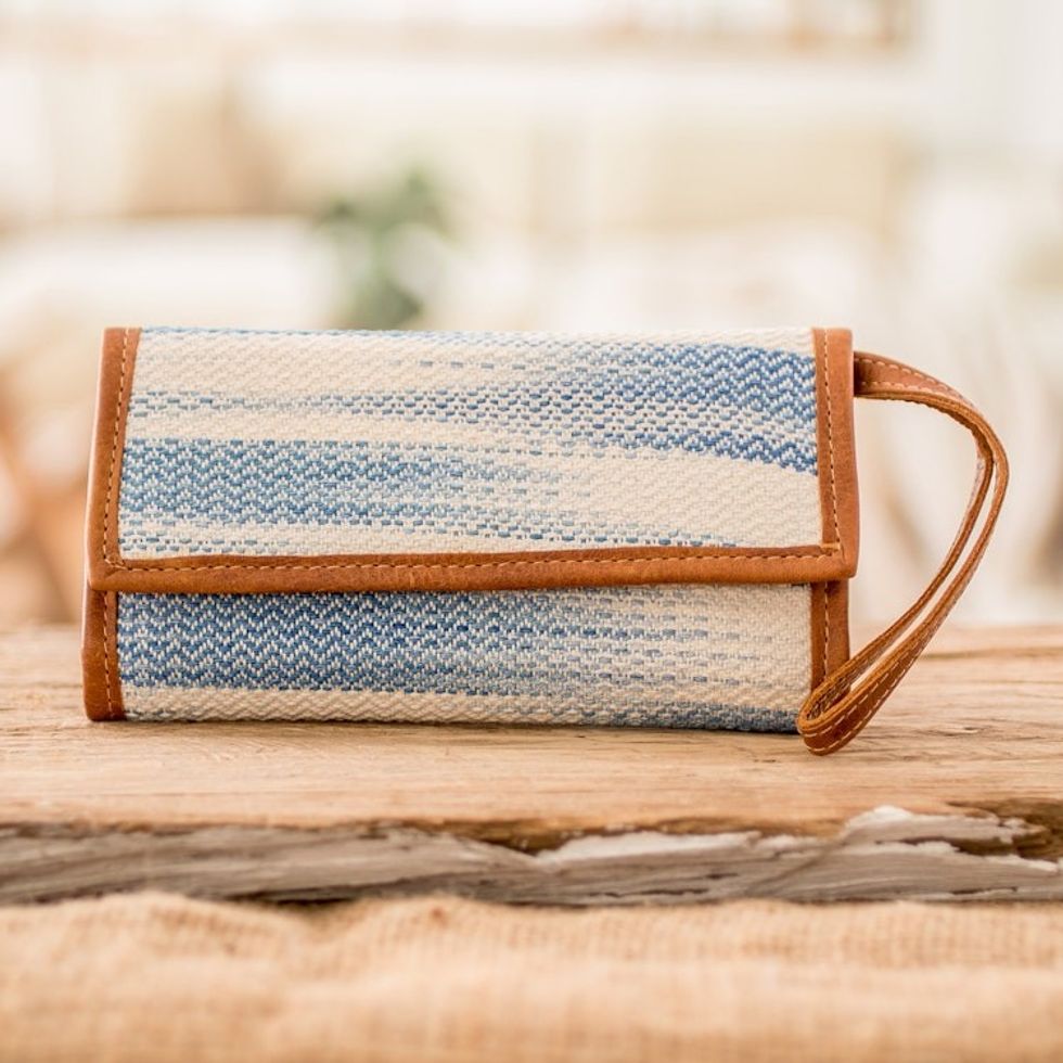 Blue Ivory Hand-Woven Cotton Wristlet with Leather Accents 'Colors of Tradition in Blue'