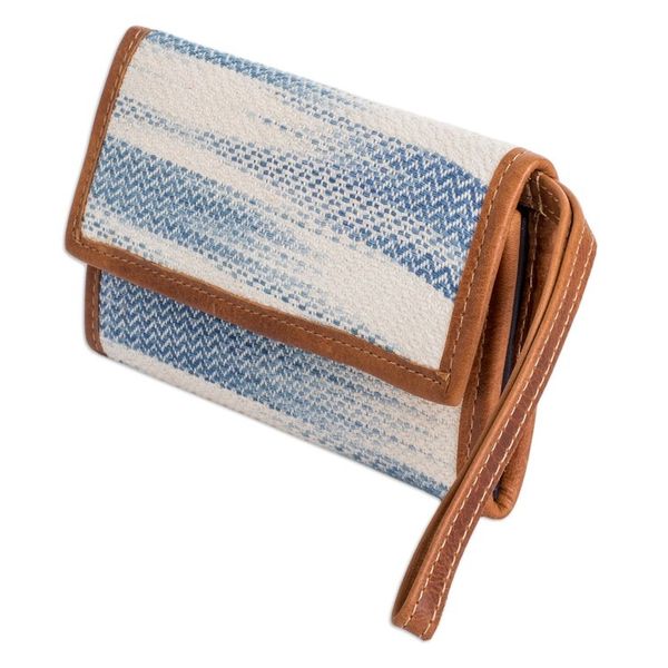 Alternate image for Blue Ivory Hand-Woven Cotton Wristlet with Leather Accents Colors of Tradition in Blue