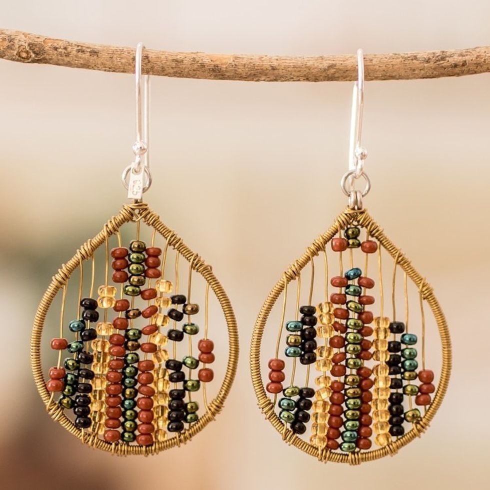 Glass Beaded Dangle Earrings in Brown and Golden 'Coffee Contrasts'