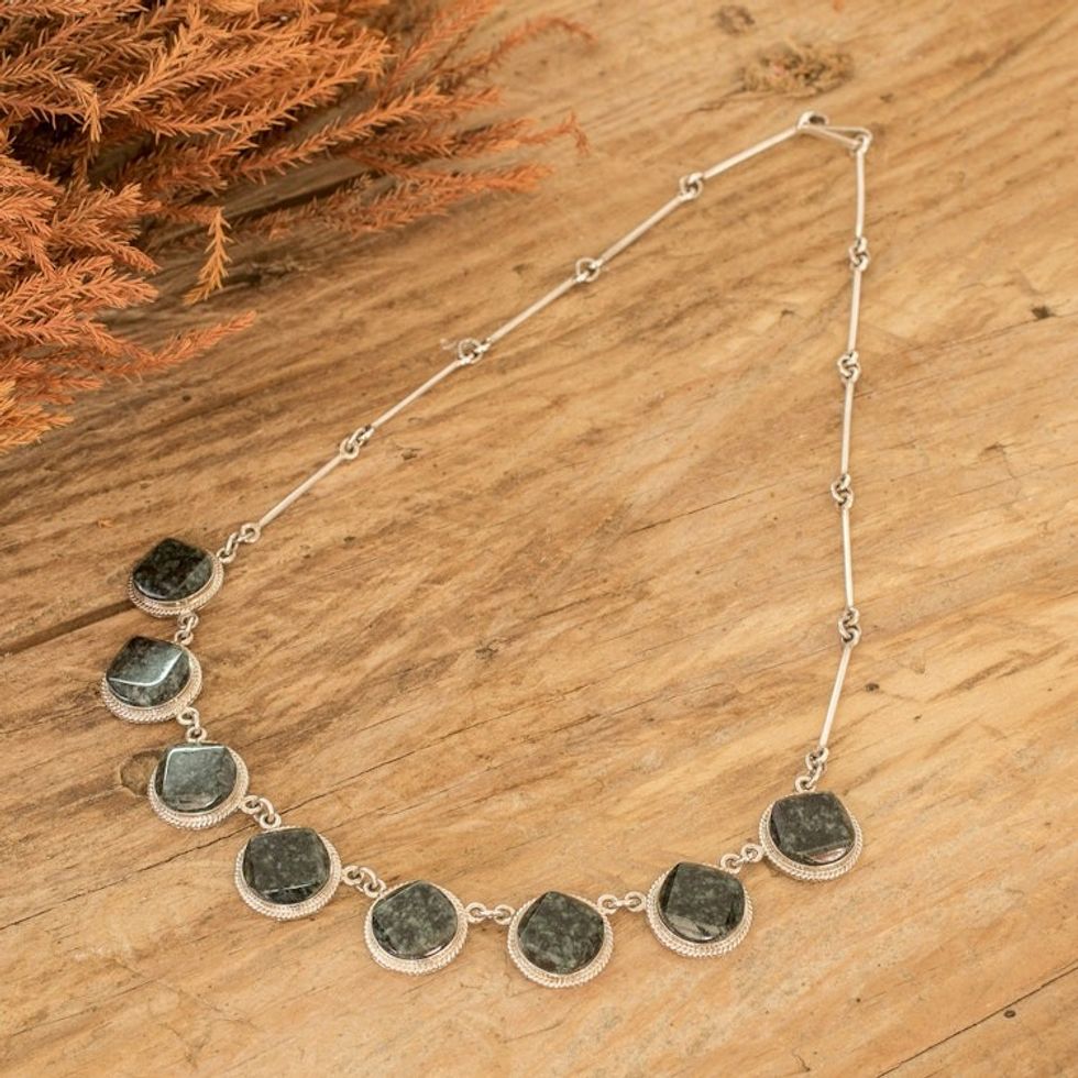 Dark Green Jade Sterling Silver Geometric Pendant Necklace 'Ancient Heritage'