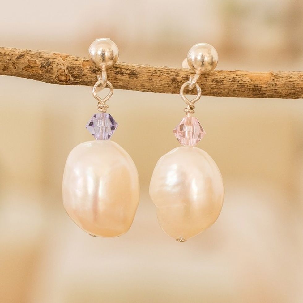 Silver Dangle Earrings with Cultured Pearls Crystal Beads 'Colors on Cream'