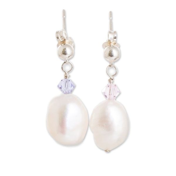 Alternate image for Silver Dangle Earrings with Cultured Pearls Crystal Beads Colors on Cream