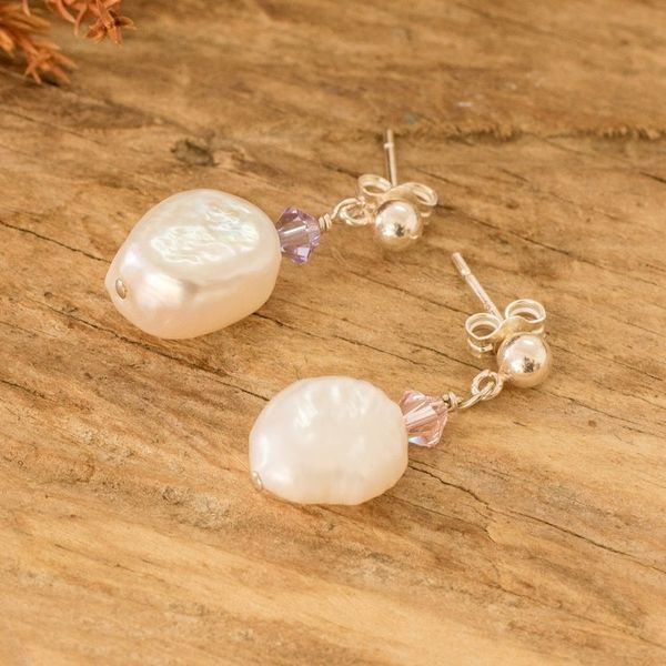 Alternate image for Silver Dangle Earrings with Cultured Pearls Crystal Beads Colors on Cream