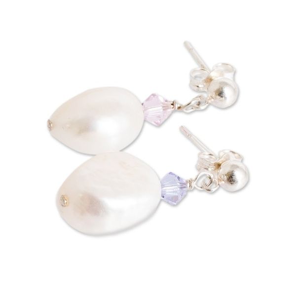 Alternate image for Silver Dangle Earrings with Cultured Pearls Crystal Beads Colors on Cream