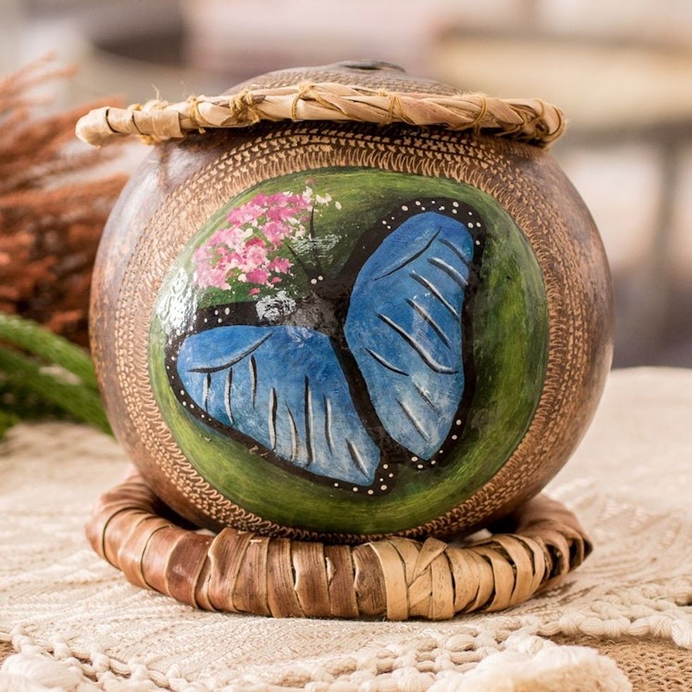 Morpho Butterfly-Themed Dried Gourd Decorative Accent 'Morpho Flutter'