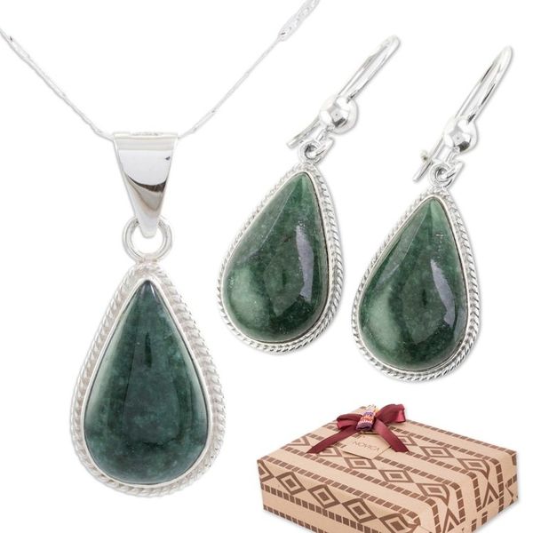 Alternate image for Jade Earrings and Necklace Sterling Silver Jewelry Set Sacred Quetzal