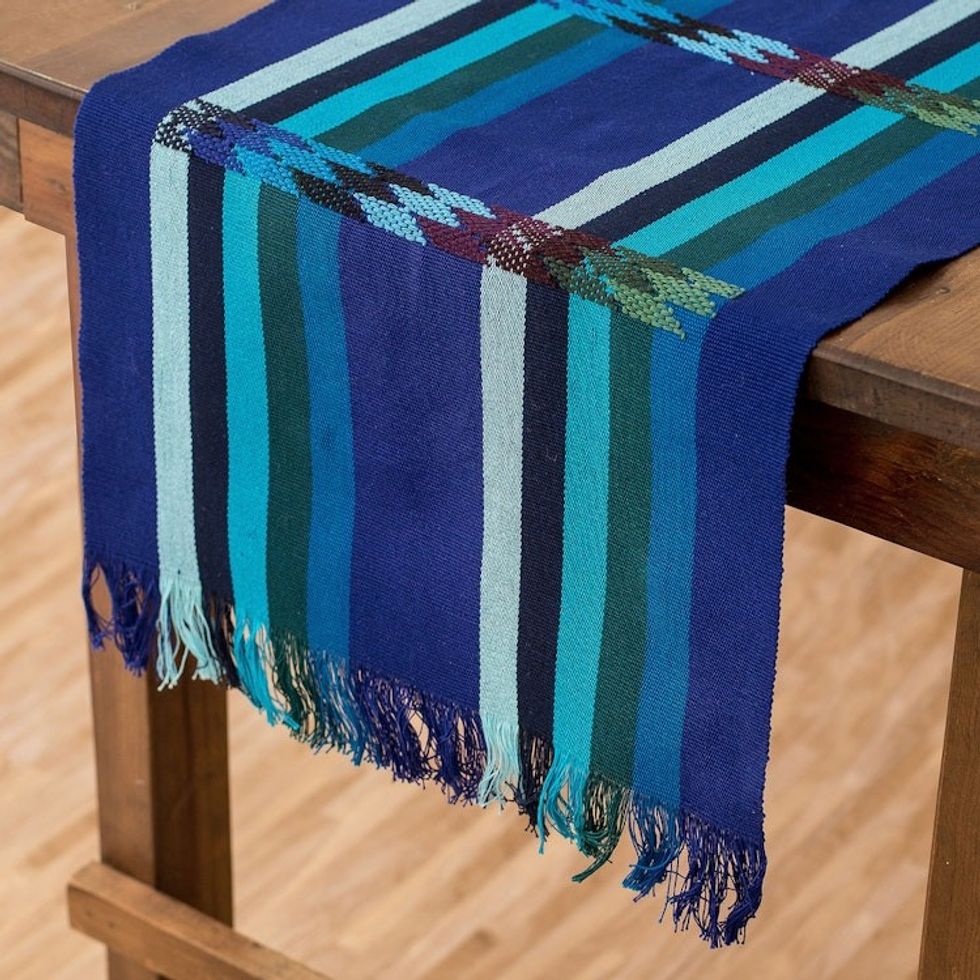 Woven Colorful Cotton Table Runner in an Indigo Base Hue 'Indigo Rainbow'