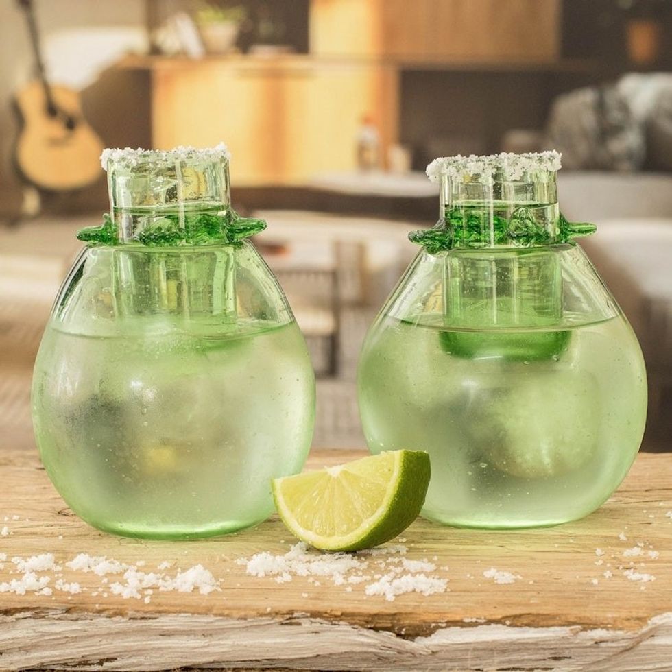 Blown Recycled Glass Green Shot Glasses with Ice Receptacle 'Perfect Shot in Green'