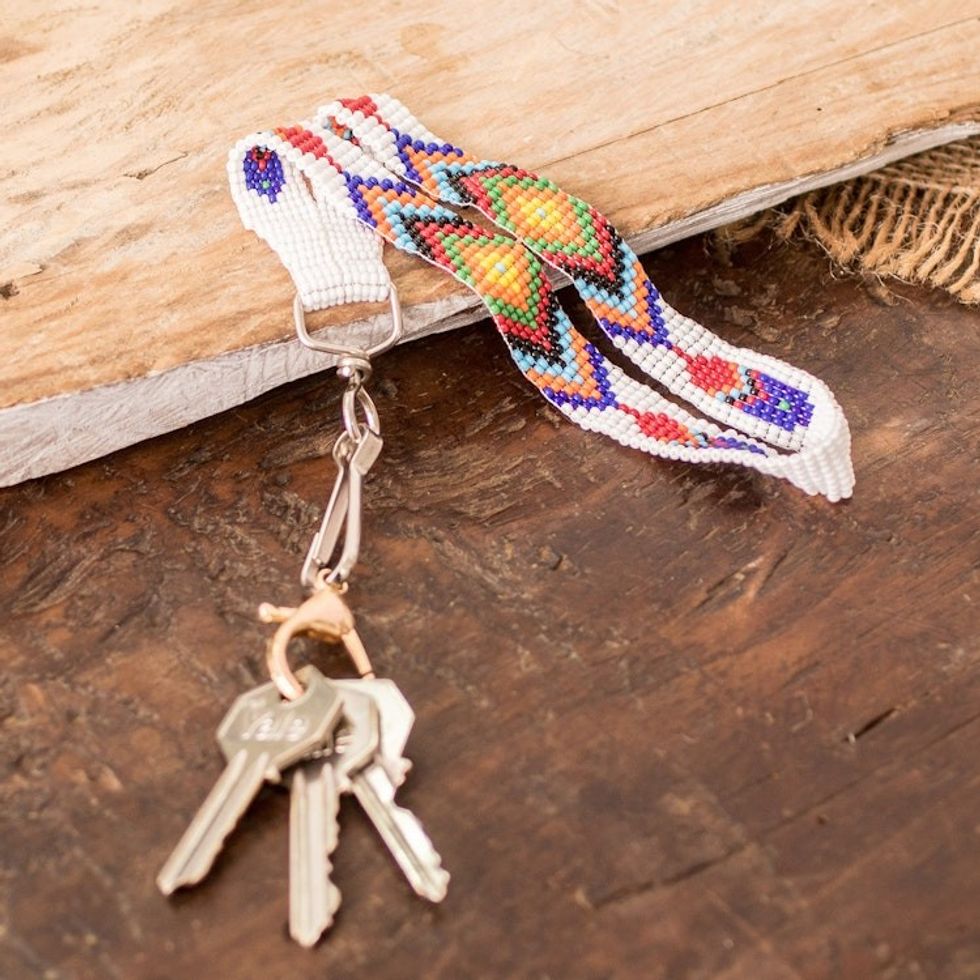Handcrafted Geometric Glass Beaded Keychain in White 'Key to Elegance'