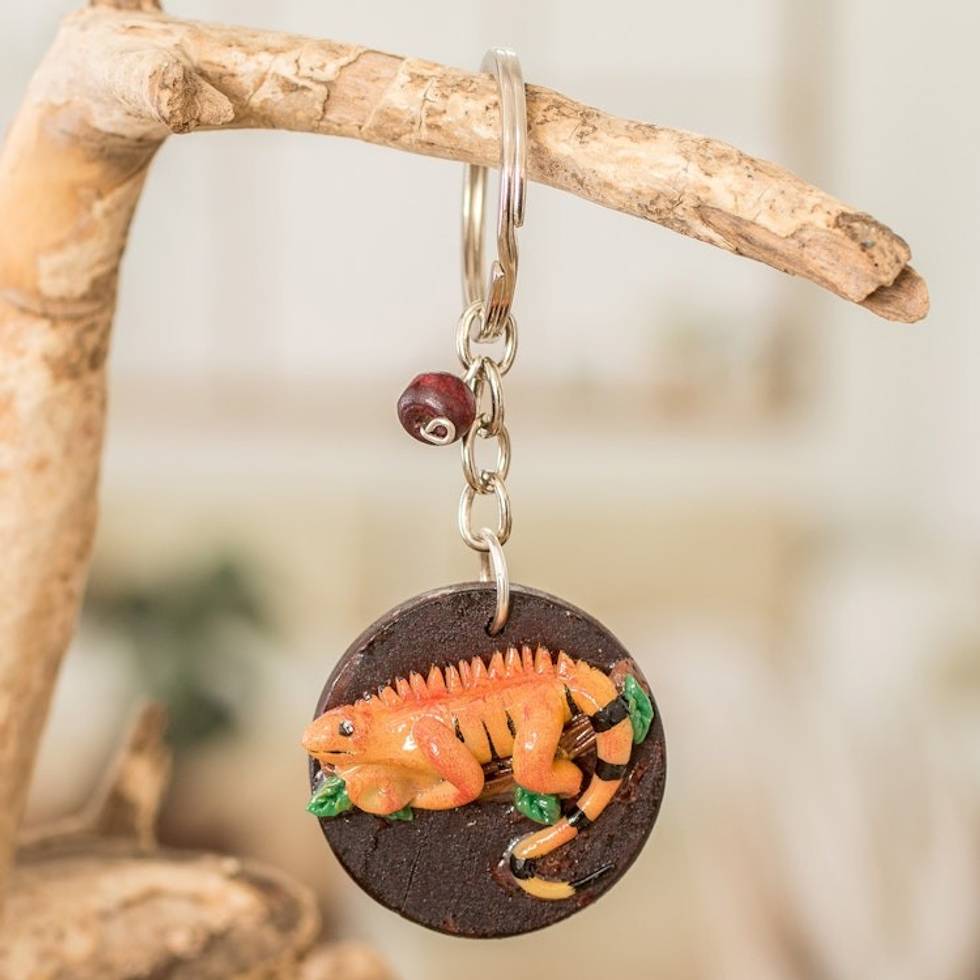 Handmade Painted Pinewood and Cold Porcelain Iguana Keychain 'The Little Iguana'