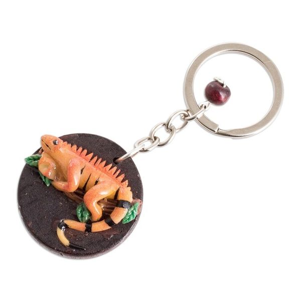 Alternate image for Handmade Painted Pinewood and Cold Porcelain Iguana Keychain The Little Iguana