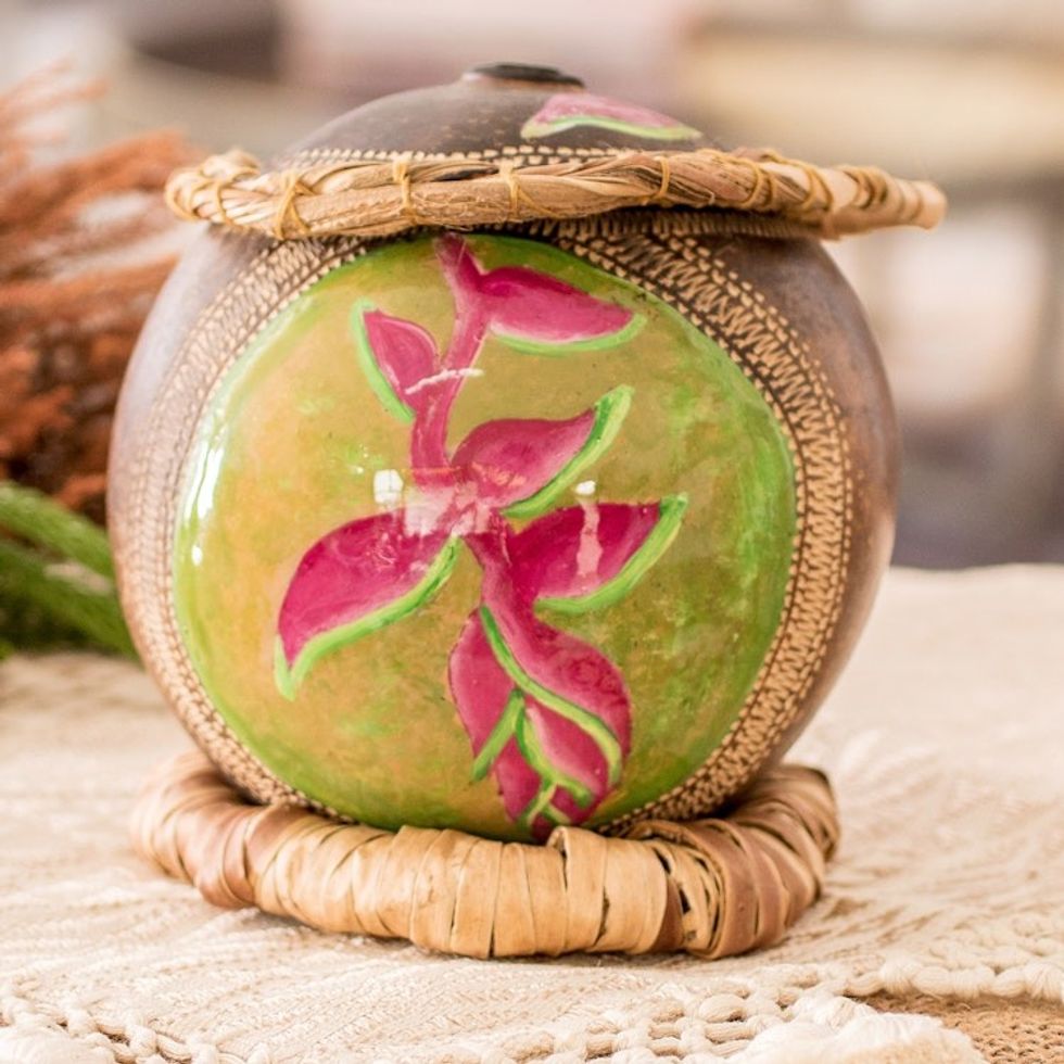 Hand-Painted Fuchsia Heliconia Dried Gourd Decorative Accent 'Fuchsia Heliconias'