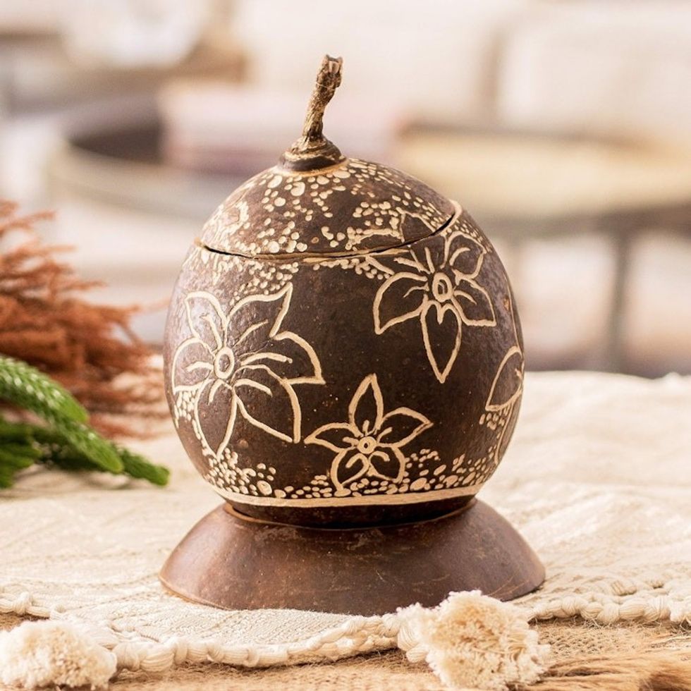 Tropical Floral Handmade Round Dried Gourd Decorative Accent 'Caribbean Flowers'