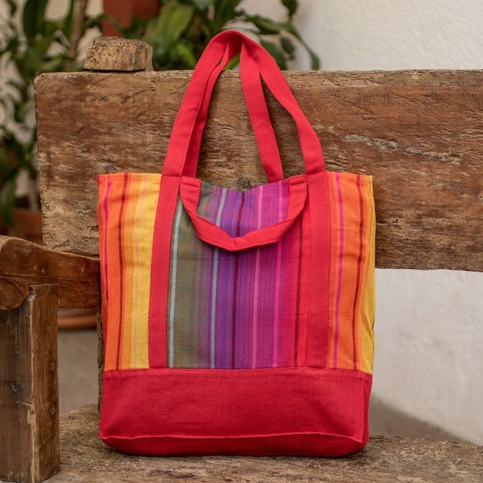 Handwoven Striped Red-Toned Cotton Tote Bag from Guatemala 'Spring Illusion'
