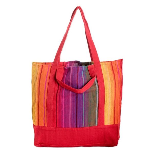 Alternate image for Handwoven Striped Red-Toned Cotton Tote Bag from Guatemala Spring Illusion