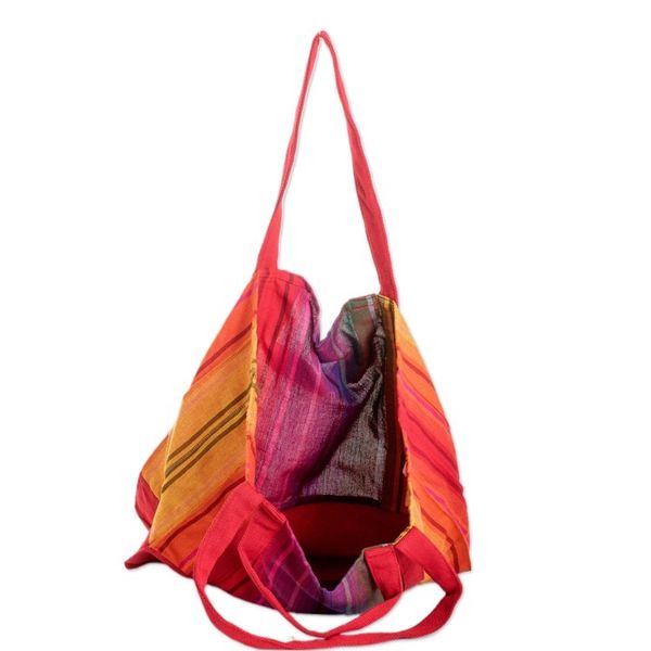 Alternate image for Handwoven Striped Red-Toned Cotton Tote Bag from Guatemala Spring Illusion