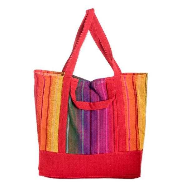 Alternate image for Handwoven Striped Red-Toned Cotton Tote Bag from Guatemala Spring Illusion