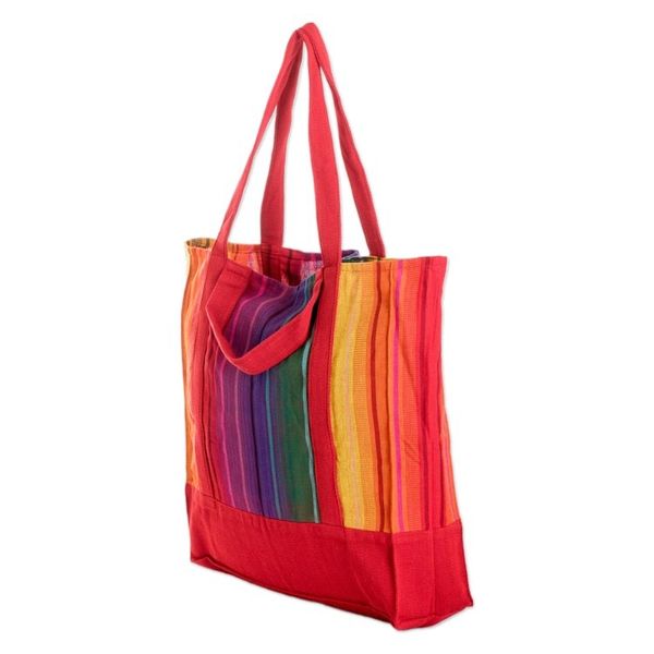Alternate image for Handwoven Striped Red-Toned Cotton Tote Bag from Guatemala Spring Illusion