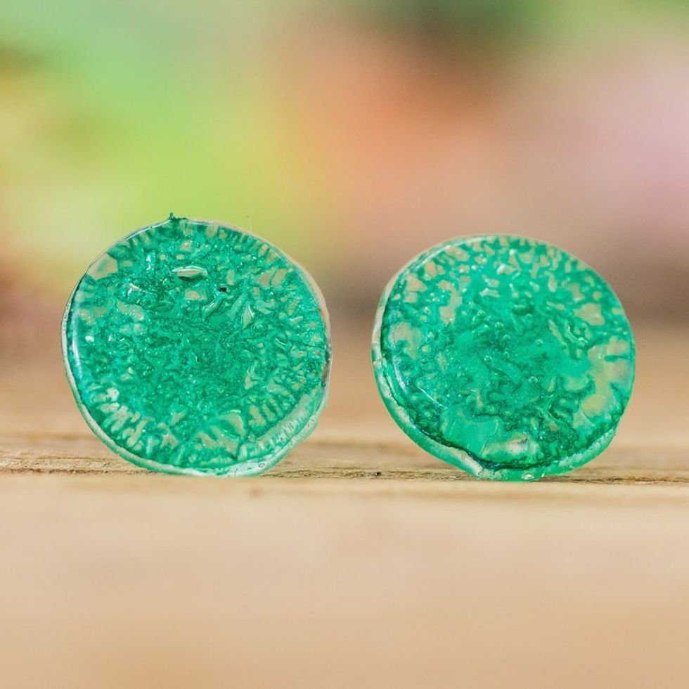 Handmade Emerald Recycled CD Stud Earrings with Silver Posts 'Emerald Translucent Illusion'