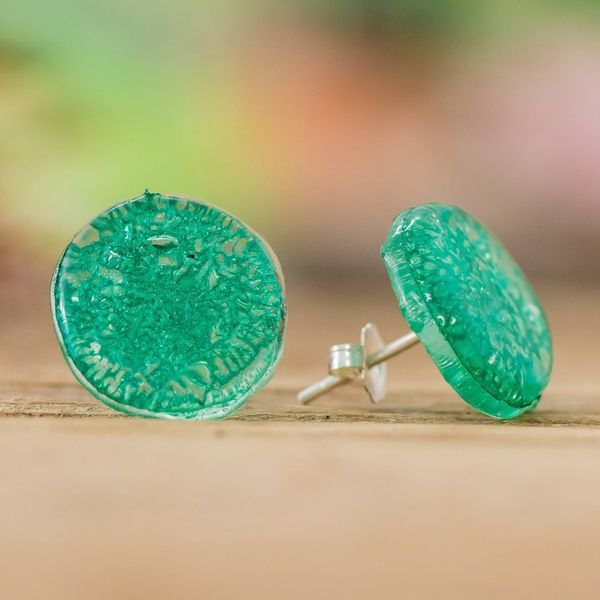 Alternate image for Handmade Emerald Recycled CD Stud Earrings with Silver Posts Emerald Translucent Illusion