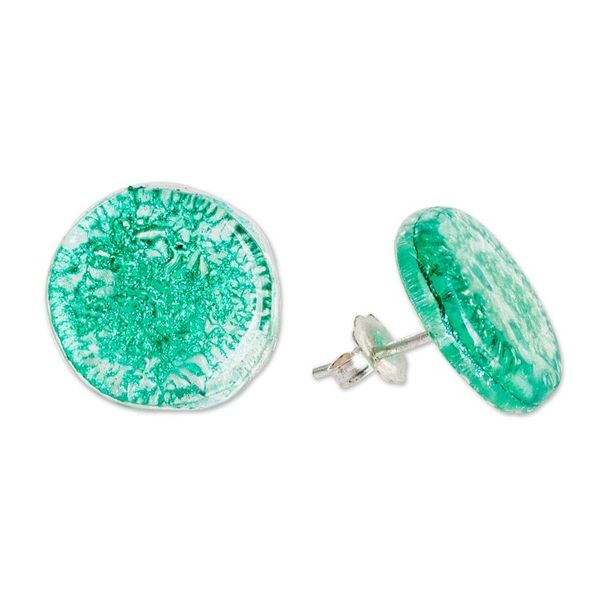 Alternate image for Handmade Emerald Recycled CD Stud Earrings with Silver Posts Emerald Translucent Illusion