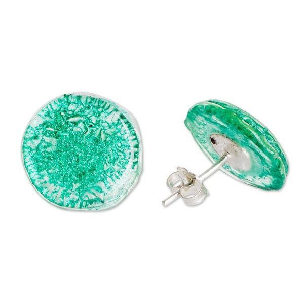 Alternate image for Handmade Emerald Recycled CD Stud Earrings with Silver Posts Emerald Translucent Illusion