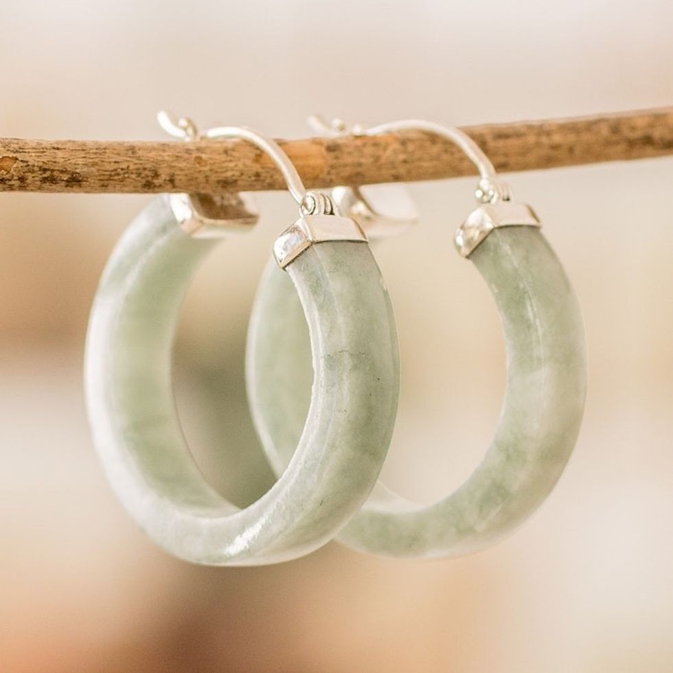 Modern Green Jade Hoop Earrings with Sterling Silver Clasps 'Lagoon Connection'