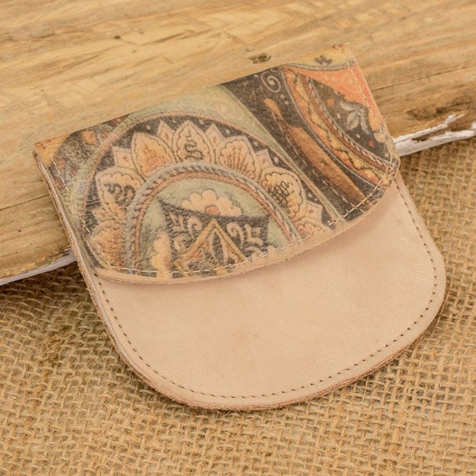 Handcrafted Printed Mandala Leather Coin Purse in Beige 'Mandala Paradise'