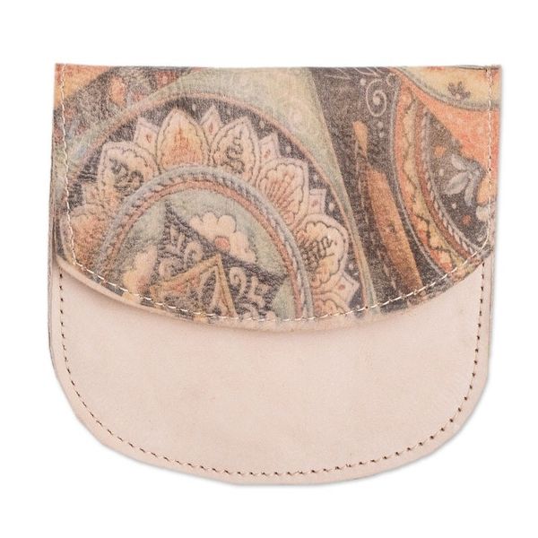 Alternate image for Handcrafted Printed Mandala Leather Coin Purse in Beige Mandala Paradise