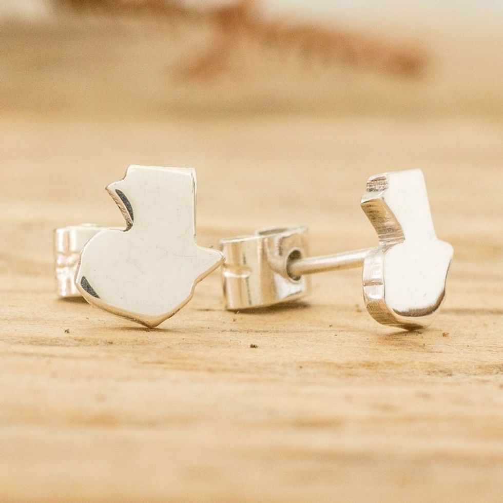 Polished Guatemala Map-Shaped Sterling Silver Stud Earrings 'Beautiful Guatemala'
