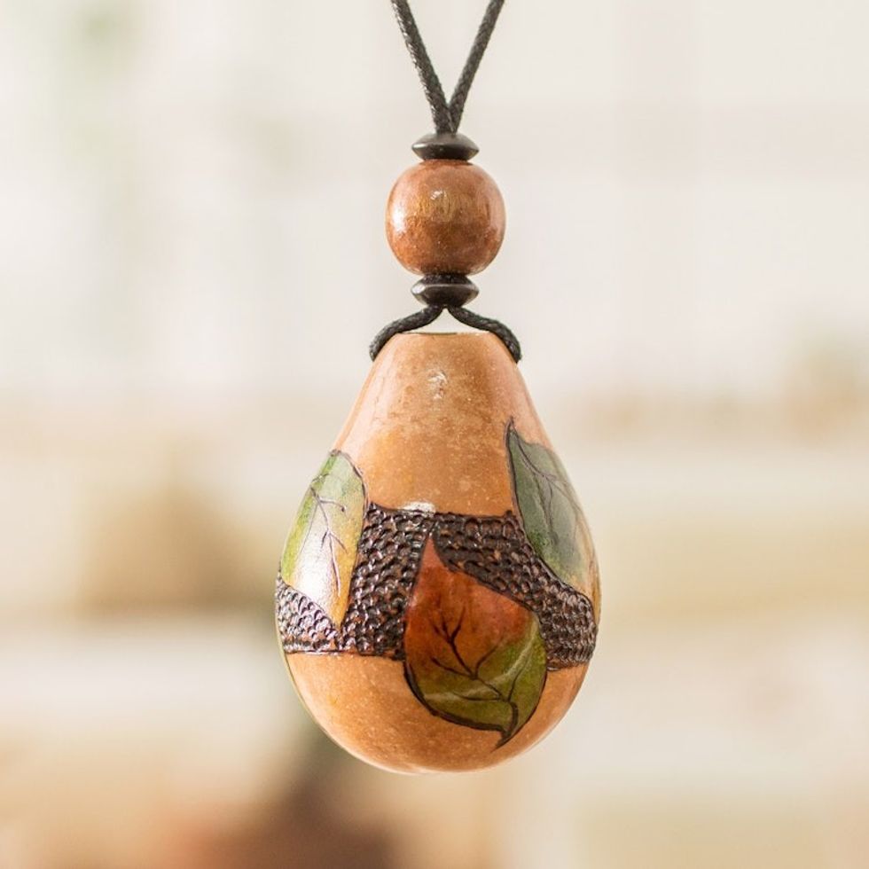 Leaf-Themed Handcrafted Calabash Gourd Pendant Necklace 'Leafy Scenes'