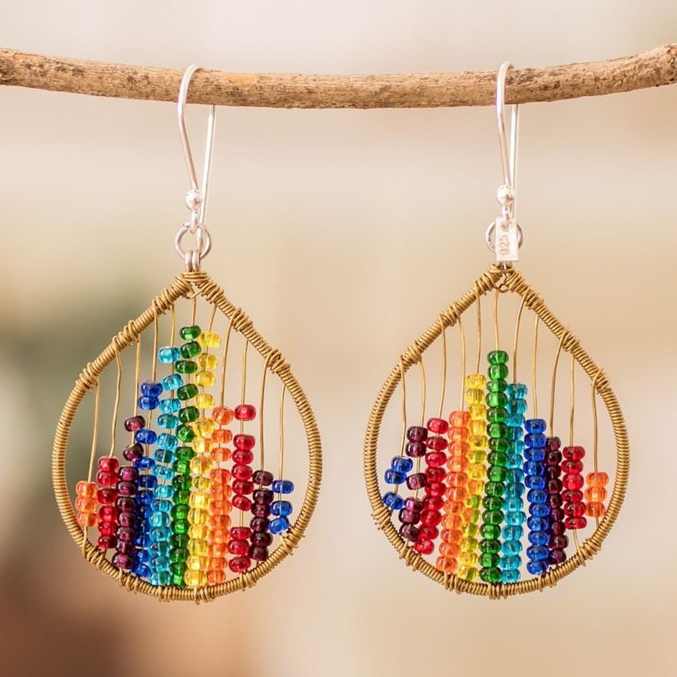 Glass Beaded Dangle Earrings in Rainbow Hues 'Rainbow Contrasts'