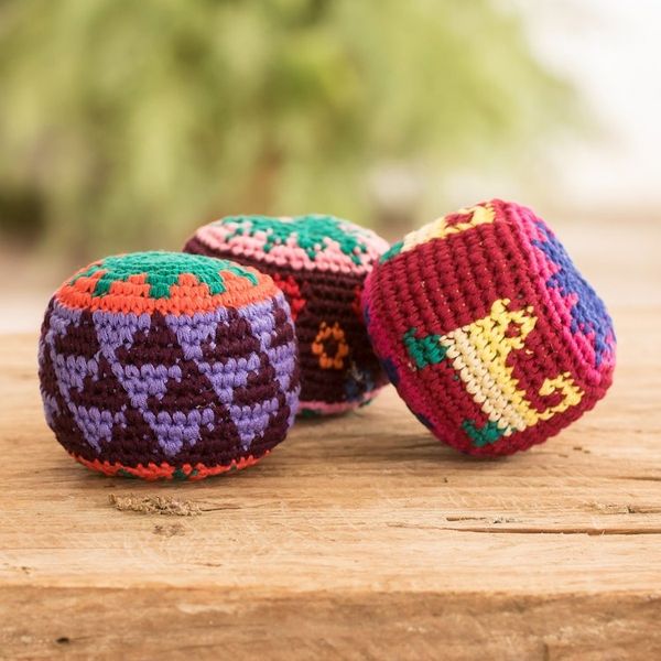 Alternate image for Set of 3 Knit Colorful Cotton Hacky Sacks from Guatemala Geometric Sweetness