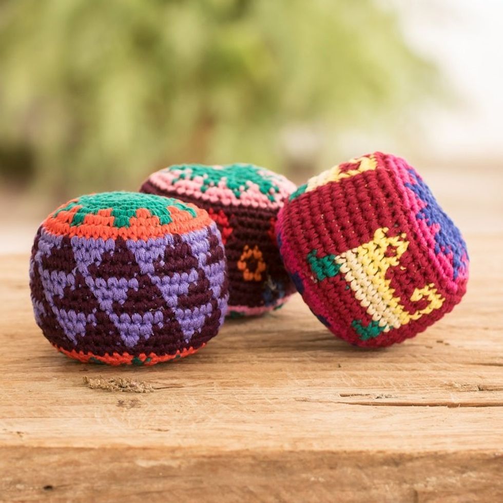 Set of 3 Knit Colorful Cotton Hacky Sacks from Guatemala 'Geometric Sweetness'