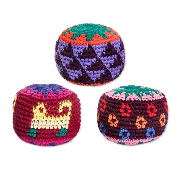 Alternate image for Set of 3 Knit Colorful Cotton Hacky Sacks from Guatemala Geometric Sweetness