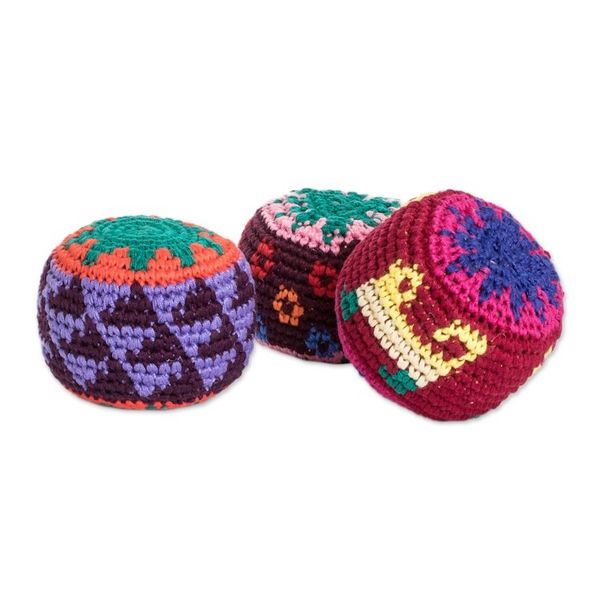 Alternate image for Set of 3 Knit Colorful Cotton Hacky Sacks from Guatemala Geometric Sweetness